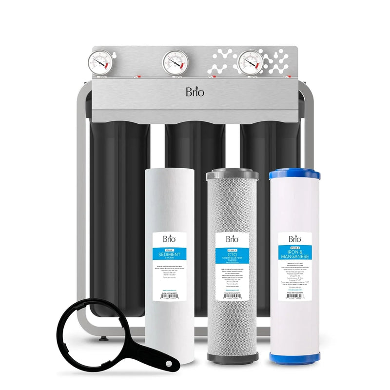 Whole-house filtration system, designed to remove iron and manganese, with a flow rate of 900 gallons per minute, dimensions of 4.5 inches x 20 inches, featuring a built-in sediment filter, activated carbon filter and iron/manganese filter, with a li S526