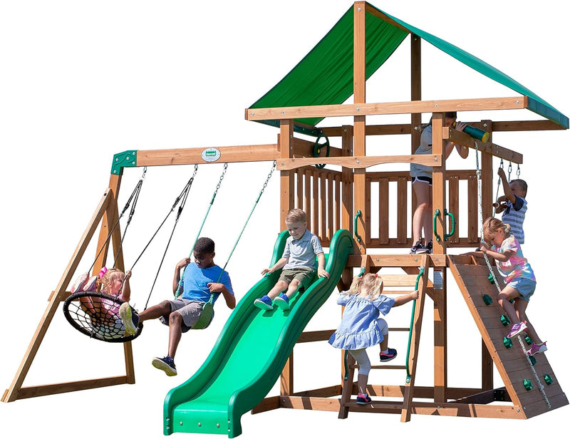 A complete set of wooden mountain-style swings, equipped with a colorful canvas sunshade, a wave slide, a rope swing, a net swing, and a rock wall with climbing ropes and ladders. H9739