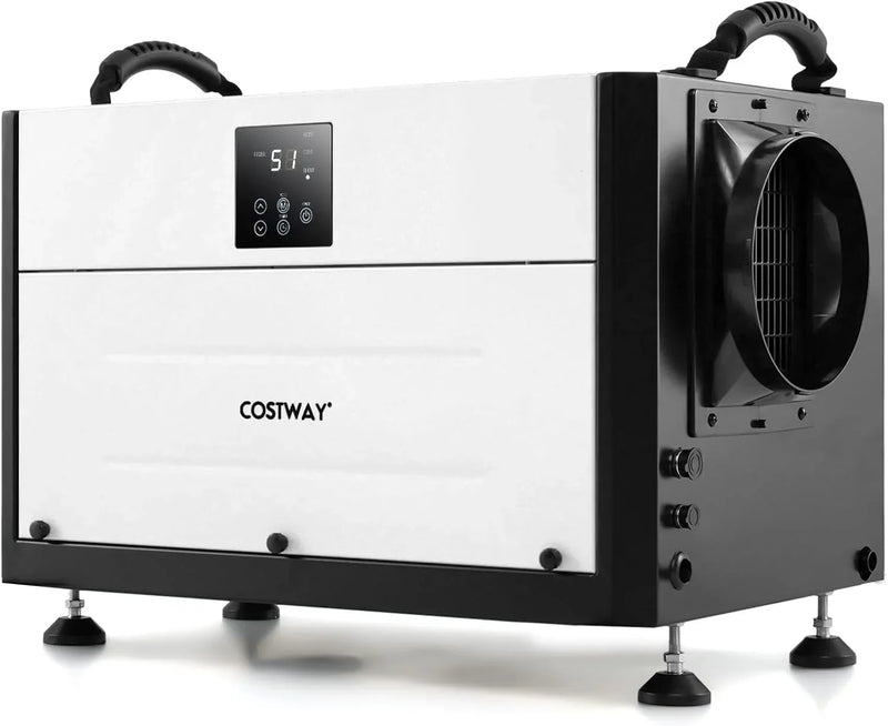 Commercial dehumidifier, suitable for 1300 square feet of basements, storage areas or work sites, equipped with a 9.8-foot drainage pipe and a wired remote control panel, white model. N8213