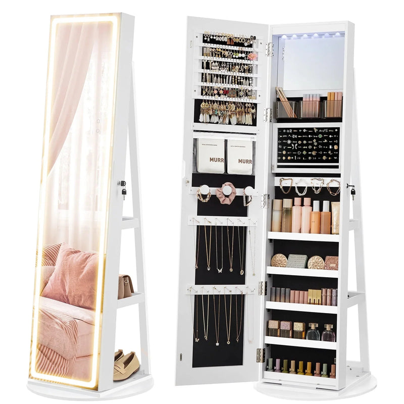 LED Mirror Jewelry Cabinet Standing Jewelry Armoire Organizer Box with Full-Length Mirror and Adjustable LED Lights White H3983