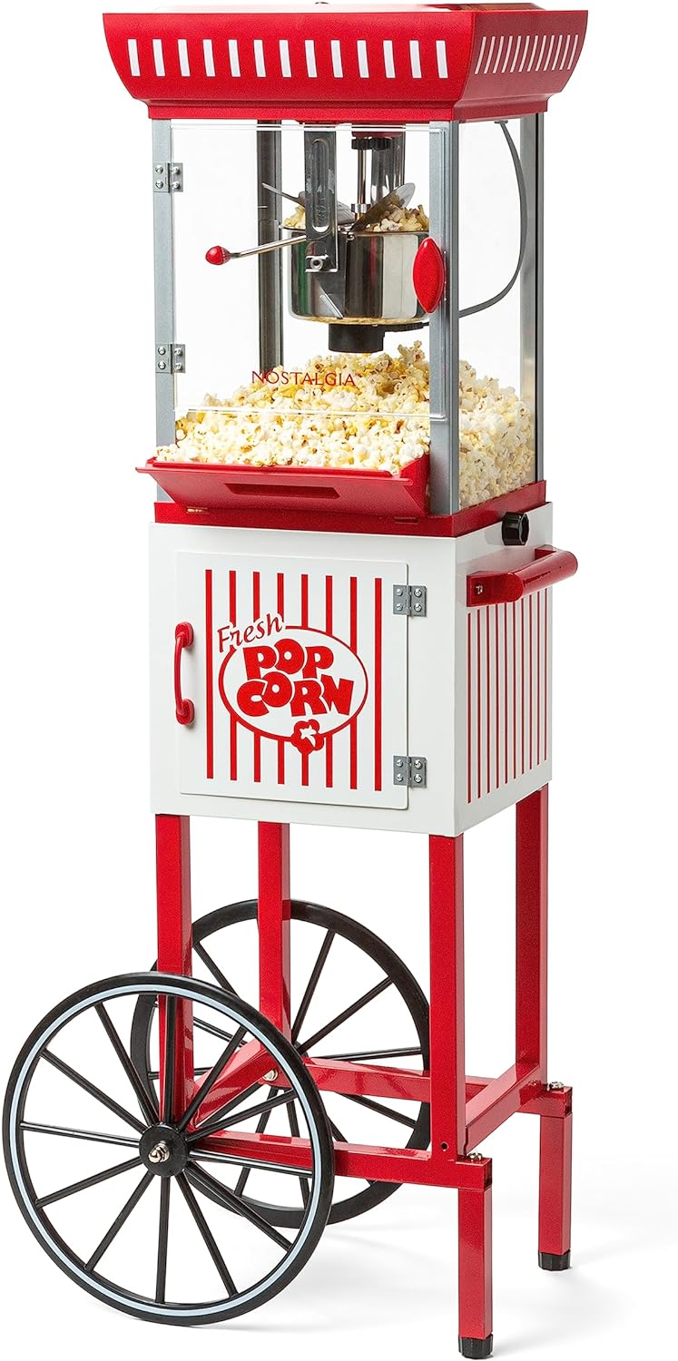 Popcorn Maker Machine - Professional Cart With 2.5 Oz Kettle Makes Up to 10 Cups - Vintage Popcorn Machine Movie Theater Style - Red & White A6243