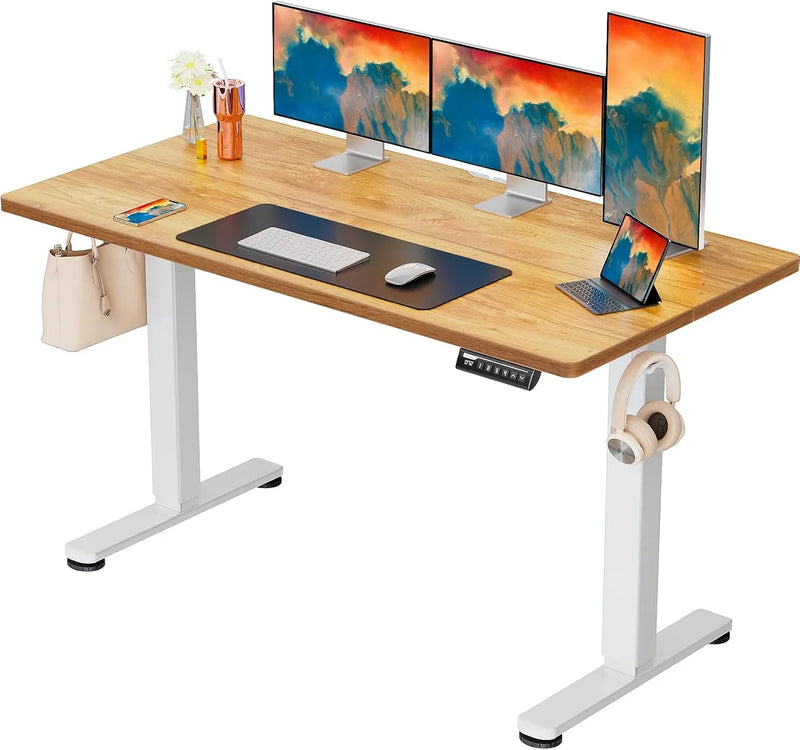 Height Adjustable Electric Standing Desk, 40 x 24 Inches Sit Stand up Desk, Small Memory Computer Home Office Desk with Two-Piece Desktop (Light Vintage Brown) Q3422