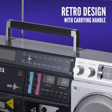 Retro-style portable CD player, featuring tape recording function, Wireless 5.0 technology, FM/AM radio, USB/SD/AUX input interfaces, VU meter, LCD display, dual 40-watt speakers - silver