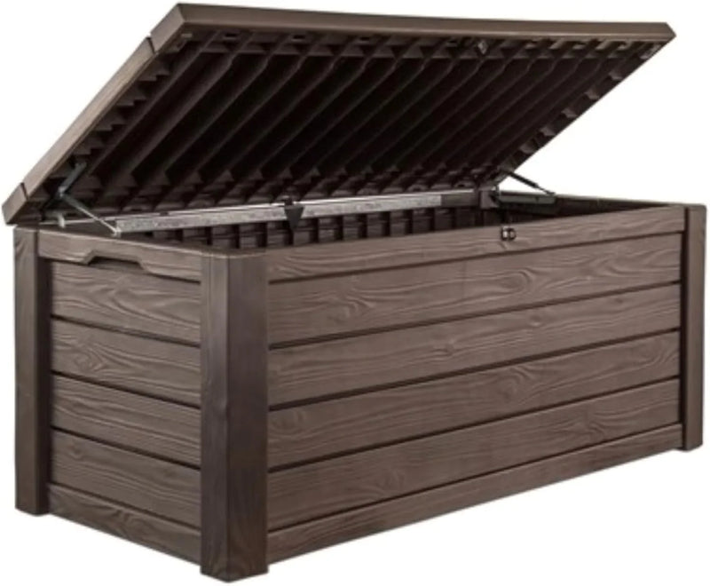 Outdoor storage deck box, 150-gallon resin deck storage box and bench, with wood-grain design, in brown color scheme D947