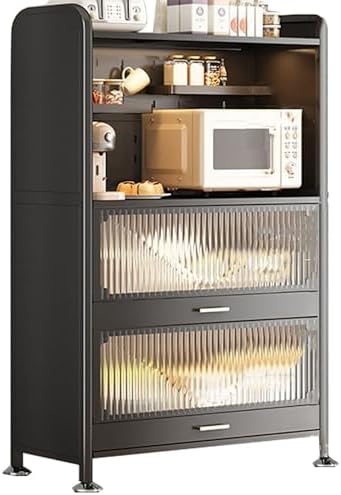 Wall Mounted Pegboard & Microwave Storage Rack - 4/5-Tier Kitchen Baker's Rack with Flip Dual Door Cabinet & Metal Shelves for Small Appliances & Kitchen Organization J1697