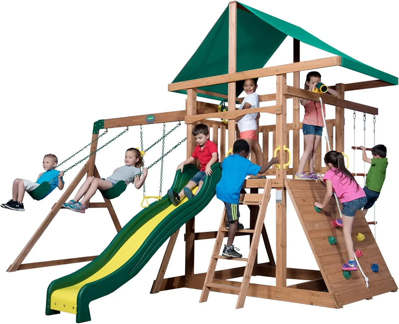 Mount Mckinley Cedar Wood Swing Set with Wave Slide, Play Deck, Double Rock Wall, Rope Ladder, Web Swing, Belt Swings, Toy Telescope, Steering Wheel, Sandbox Area, Outdoor Playset P5912