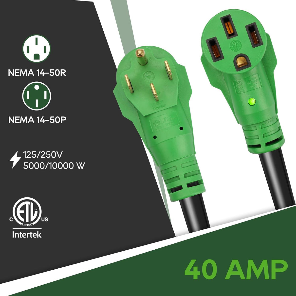 40 Amp 100 Foot RV/EV Extension Cord, NEMA 14-50P/R Heavy Duty Extension Cord with LED Power Indicator and Cord Organizer, Green