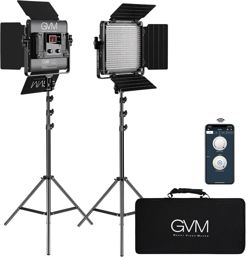 2 Pack LED Video Lighting Kits with APP Control, Bi-Color Variable 2300K~6800K with Digital Display Brightness of 10~100% for Video Photography, CRI97 TLCI97 Led Video Light Panel Barndoor T5429