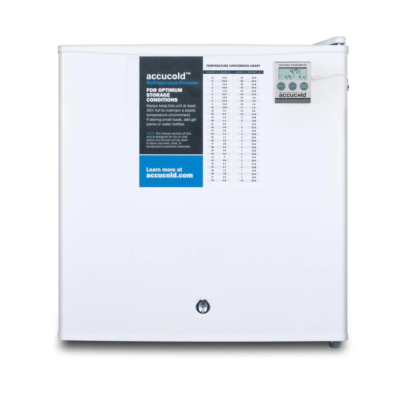 Compact refrigerator freezer, suitable for general use, with a white appearance, equipped with a NIST calibrated thermometer, manual defrosting device, hospital-grade power cord and front locking mechanism. P7087