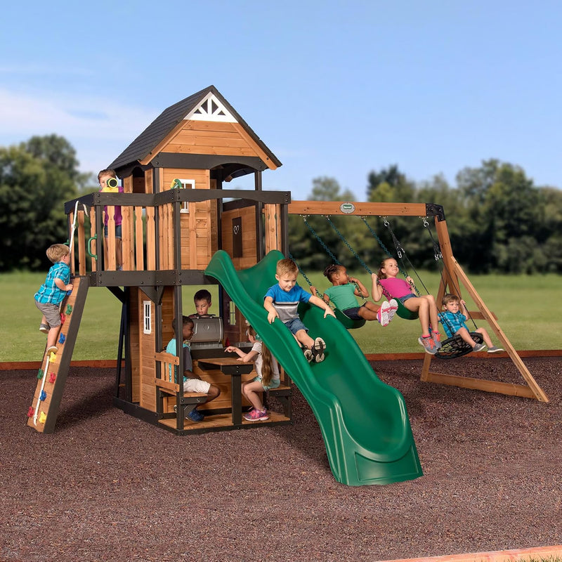 Canyon Creek Cedar Wood Swing Set with Wave Slide, Clubhouse, Play Kitchen, Picnic Area, Belt Swings, Web Swing, Rock Wall, Balconies, Playhouse, Step Ladder, Outdoor Playset S4171