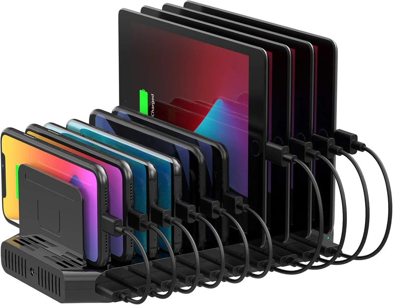 A charging interface station with 10 USB fast charging ports and adjustable partitions, suitable for charging multiple devices such as iPads, iPhones, tablets and mobile phones - 5-piece set, black M5142