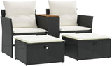 Multi-functional balcony sofa (for two people, with sunshade) - Black polyester wicker double-seat sofa, with built-in table, stool and washable cushion