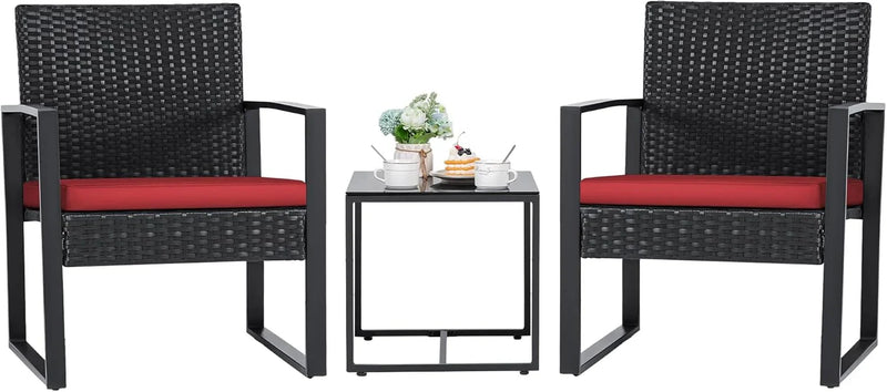 3 Pieces Patio Set Outdoor Wicker Furniture Sets Modern Rattan Chair Conversation Sets with Coffee Table for Yard and Bistro (Black) U2437