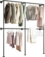 Industrial-style wall-mounted pipe clothes hanger, wall-mounted clothes hanger with double hanging rods, for closet storage (gold)
