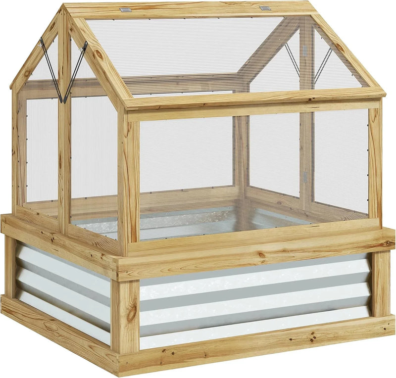 Raised Garden Bed with Polycarbonate Greenhouse, Wooden Cold Frame Greenhouse, Garden Flower Planter Protection, Peak Roof, 35.5" x 31.5" x 36", Natural J233