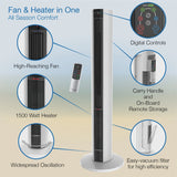 42 in 1500W All Season Tower Fan Space Heater with Timer and Remote, White, FH500