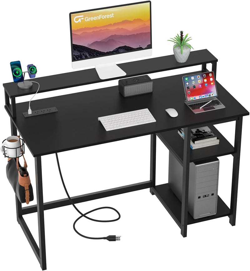 47 inch Computer Desk with Power Outlets, Small Home Office Desk with Ergonomic Monitor Stand, Reversible Gaming Desk, Modern Study Desk, Laptop Desk, White G8401