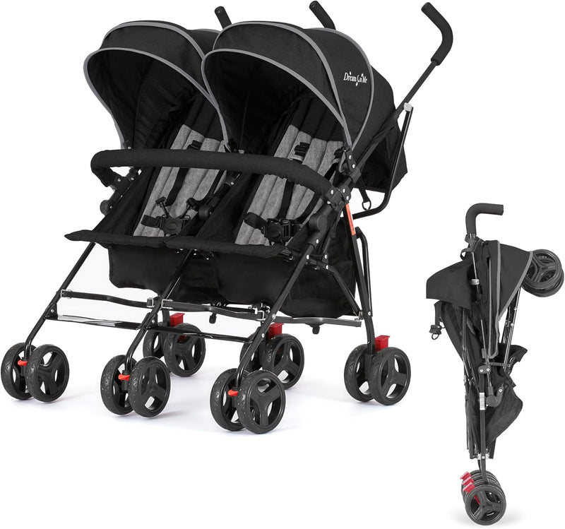 Twin Umbrella Stroller in Black, Lightweight Double Stroller for Infant & Toddler, Compact Easy Fold, Large Storage Basket, Large and Adjustable Canopy F5779
