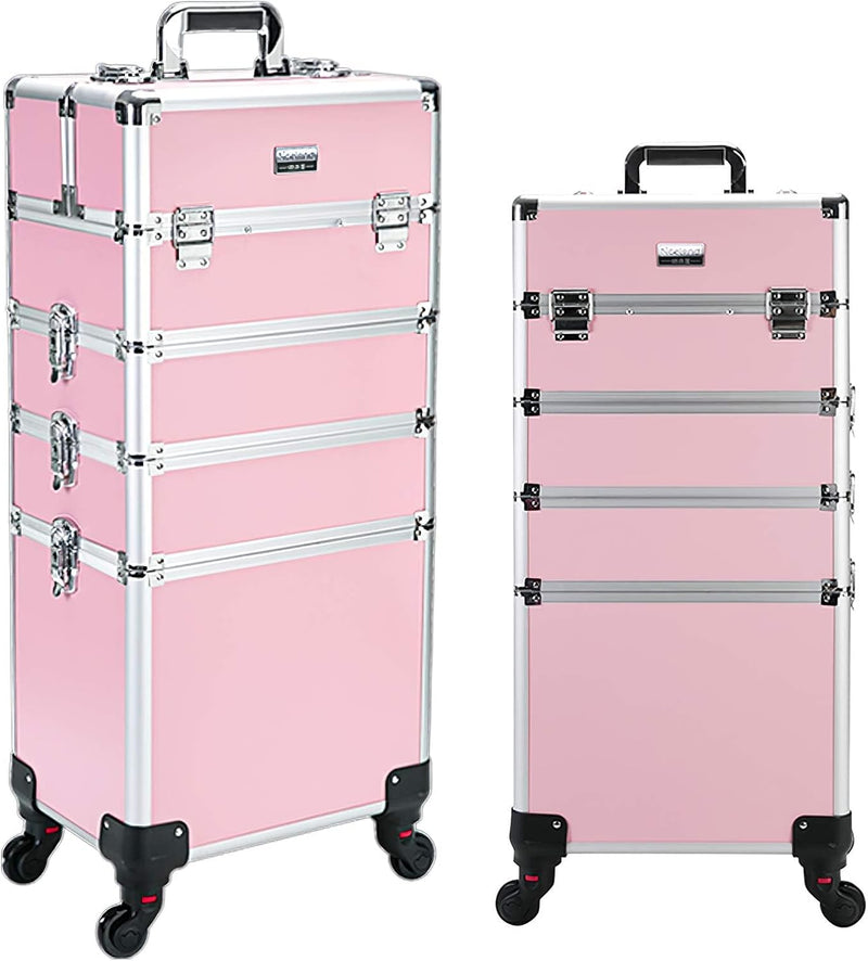 4 in 1 Professional Rolling Aluminum Cosmetic Makeup Train Organizer Storage Case Artist Train Case Salon Beauty Cosmetic Jewelry Organizer Trolley with 4 Wheels (All Black) L4228