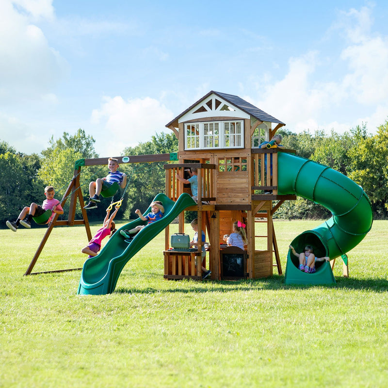 Kids' Bristol Point Cedar Wood Swing Set with Swing Beam, Upper & Lower Fort, Rock Wall & Slide Play for up to 11 Kids V1817