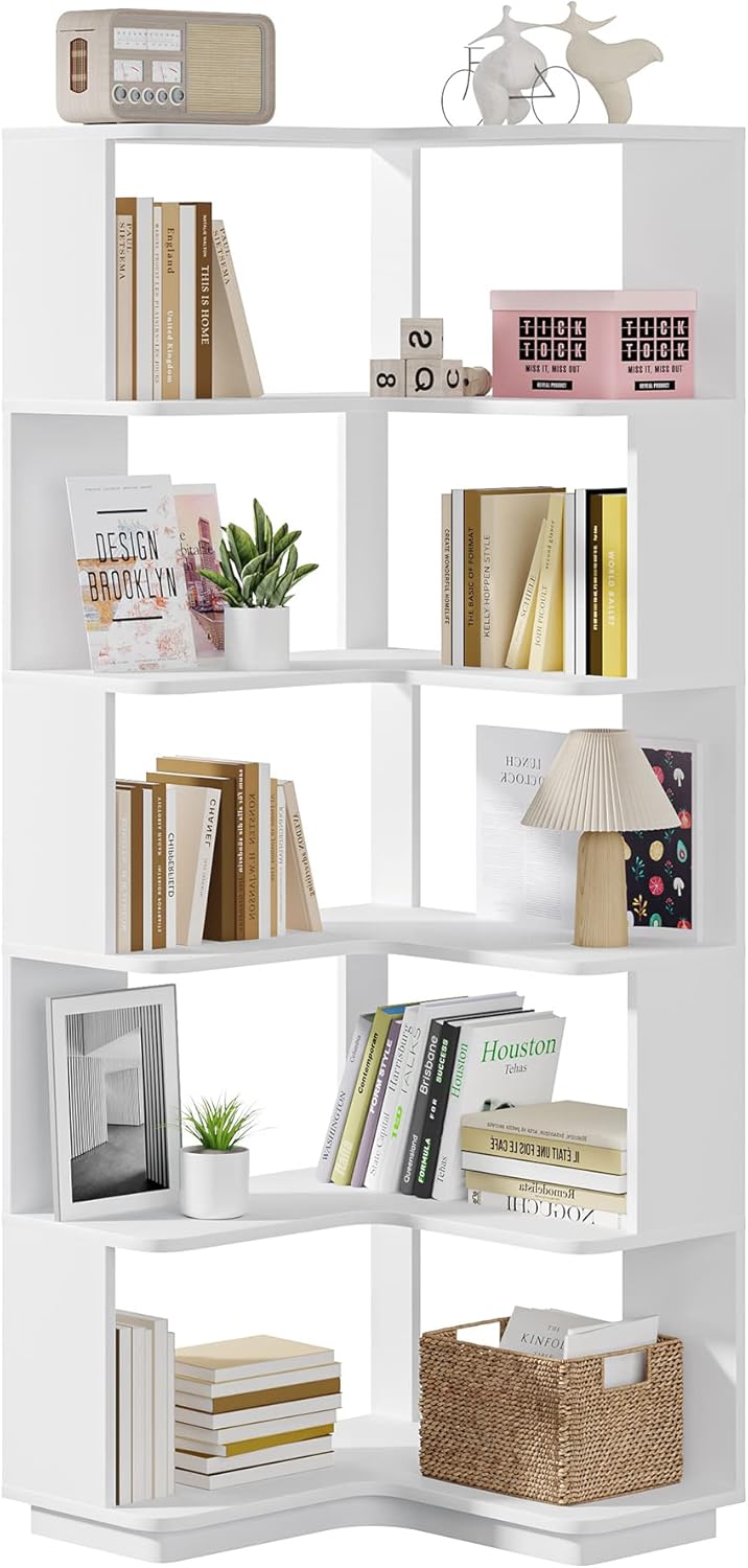 Tribesigns 6-Tier Corner Bookshelf, 64.9 Inch Tall Bookcase with Anti-Drop Panel, Modern Freestanding Corner Shelf Display Rack Storage Organizer for Home Office, Living Room, WhiteTribesigns 6-Tier Corner Bookshelf, 64.9 Inch Tall Bookcase with Anti T448