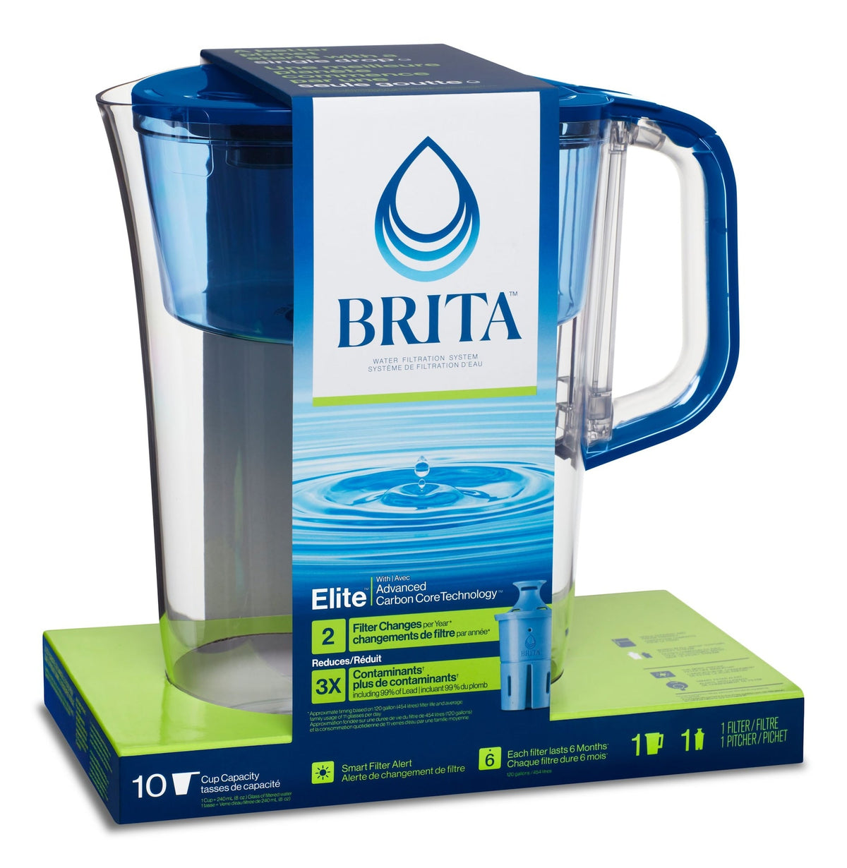 Elite Filter Pitcher with Smart Light Indicator, 10-Cup, Blue Tahoe