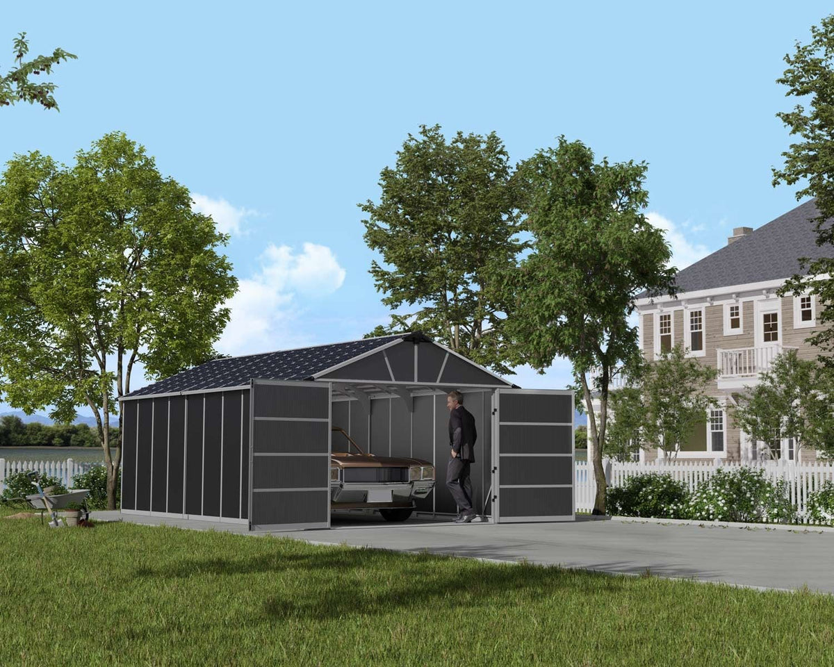 by Yukon 2-Door Car Garage/Utility Storage Shed Kit, Dark Grey, 11x21-ft