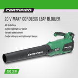 Certified 20V Cordless Battery-Powered Lawn & Garden Leaf Blower