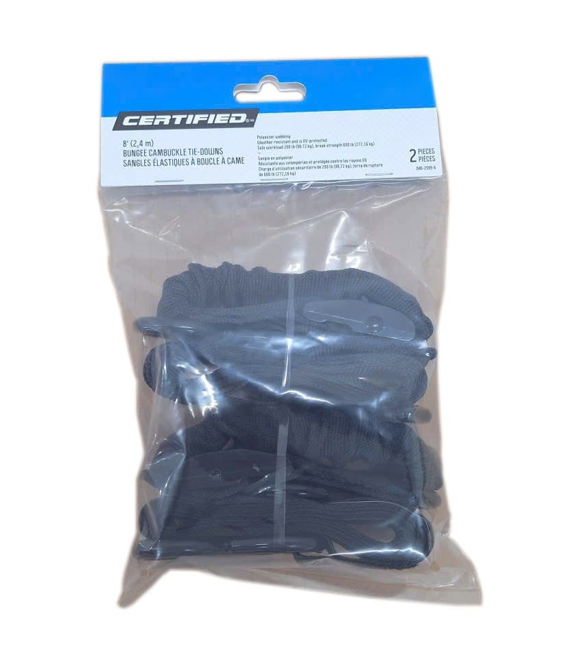 Certified Bungee Cam-Buckle Tie-Down, 600-lb Break Strength, Black, 8-ft, 2-pk