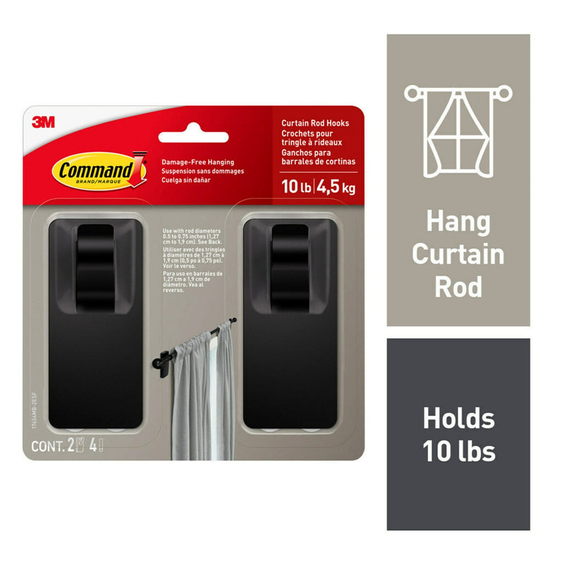 2-Piece 10-lb Matte Black Damage Free Curtain Rod Hooks A4358