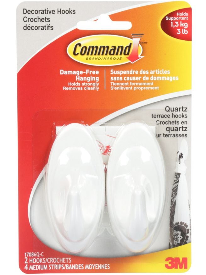 Command Decorative Quartz Terrace Hooks with Adhesive Strips, White, 3-lbs, 2 Strips per Pack