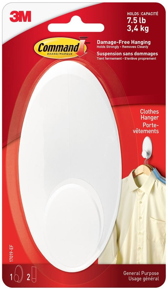 Large Clothes Hanger Organizing Hook with Adhesive Strips, White, 7.5-lbs, 1 Strip per Pack G833