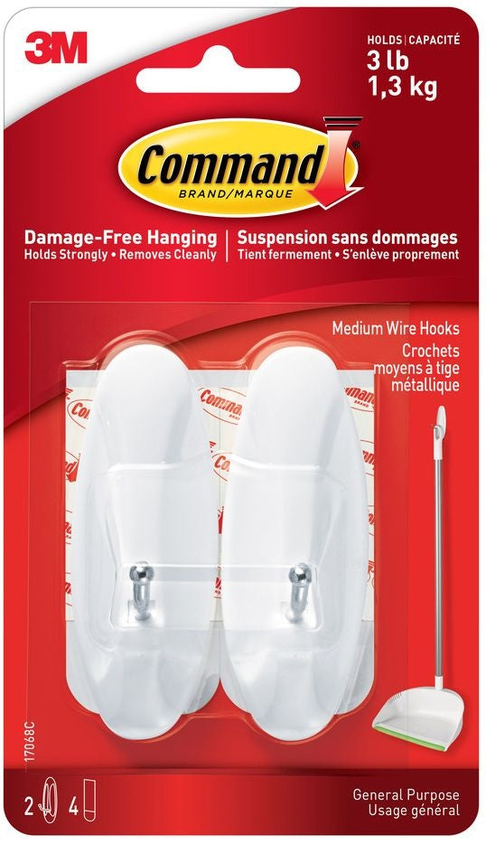 Medium General Purpose Wire Hooks with Adhesive Strips, White, 3-lbs, 2 Strips Per Pack Q398