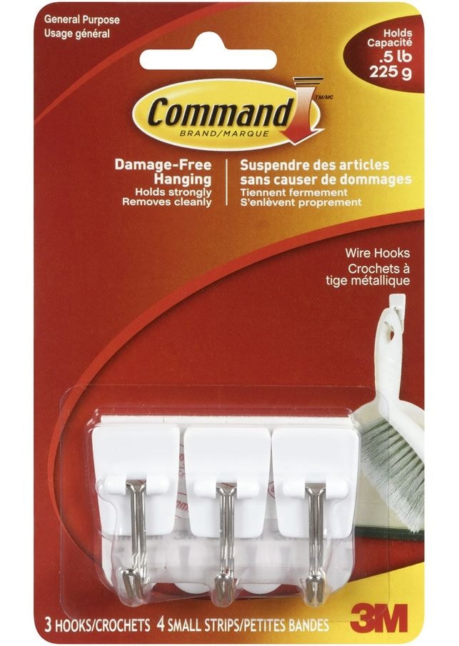 Micro Wire Utensil Hooks with Adhesive Strips, White, 0.5-lbs, 3 Strips Per Pack M1695