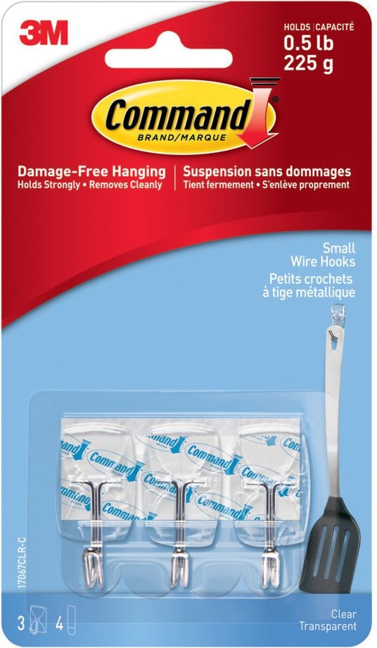 Small Wire Hooks with Adhesive Strips, Clear, 0.5-lbs, 3 Strips per Pack B2227