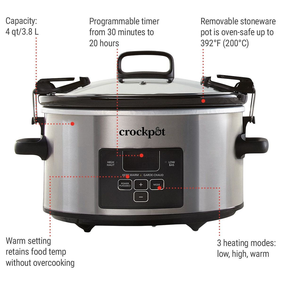 Digital Programmable Slow Cooker with Locking Lid, Feeds 4 People & More, Stainless Steel, 4-qt