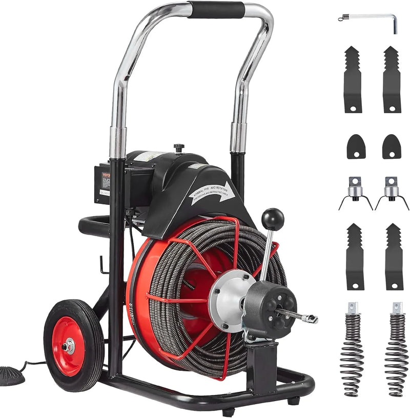 Drain Cleaner Machine 100FT x 1/2 Inch, Auto Feed Sewer Snake Auger on Wheels, 550W Portable Drain Cleaning Machine with 8 Cutters & Air-activated Foot Switch for 2" to 4" Pipes X5651