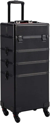 4 in 1 Professional Rolling Aluminum Cosmetic Makeup Train Organizer Storage Case Artist Train Case Salon Beauty Cosmetic Jewelry Organizer Trolley with 4 Wheels (All Black)