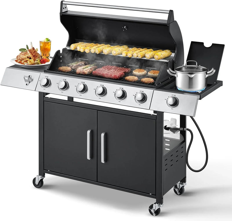 Upgraded 4 Burner BBQ Propane Gas Grill with Cast Iron Grates & Side Stove, 44,000 BTU Stainless Steel Burner Barbecue Grill for Patio, Camping, Outdoor Cooking MELLCOM E9614
