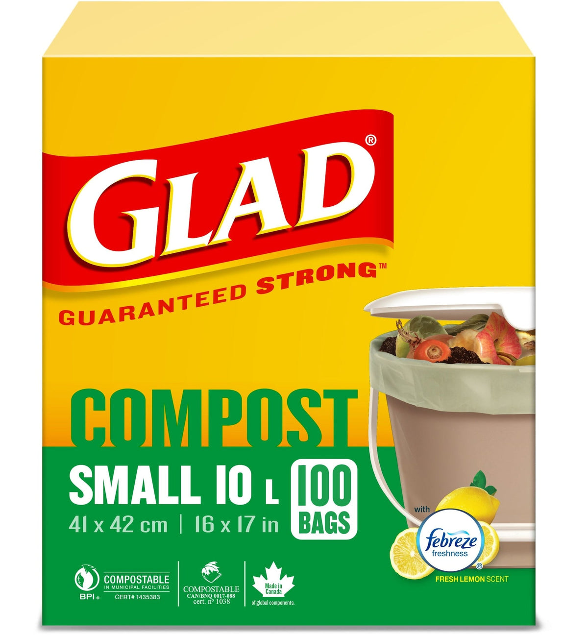 Glad Small 100% Compostable Lemon Scented Food Waste Bags, 100-pk, 10-L