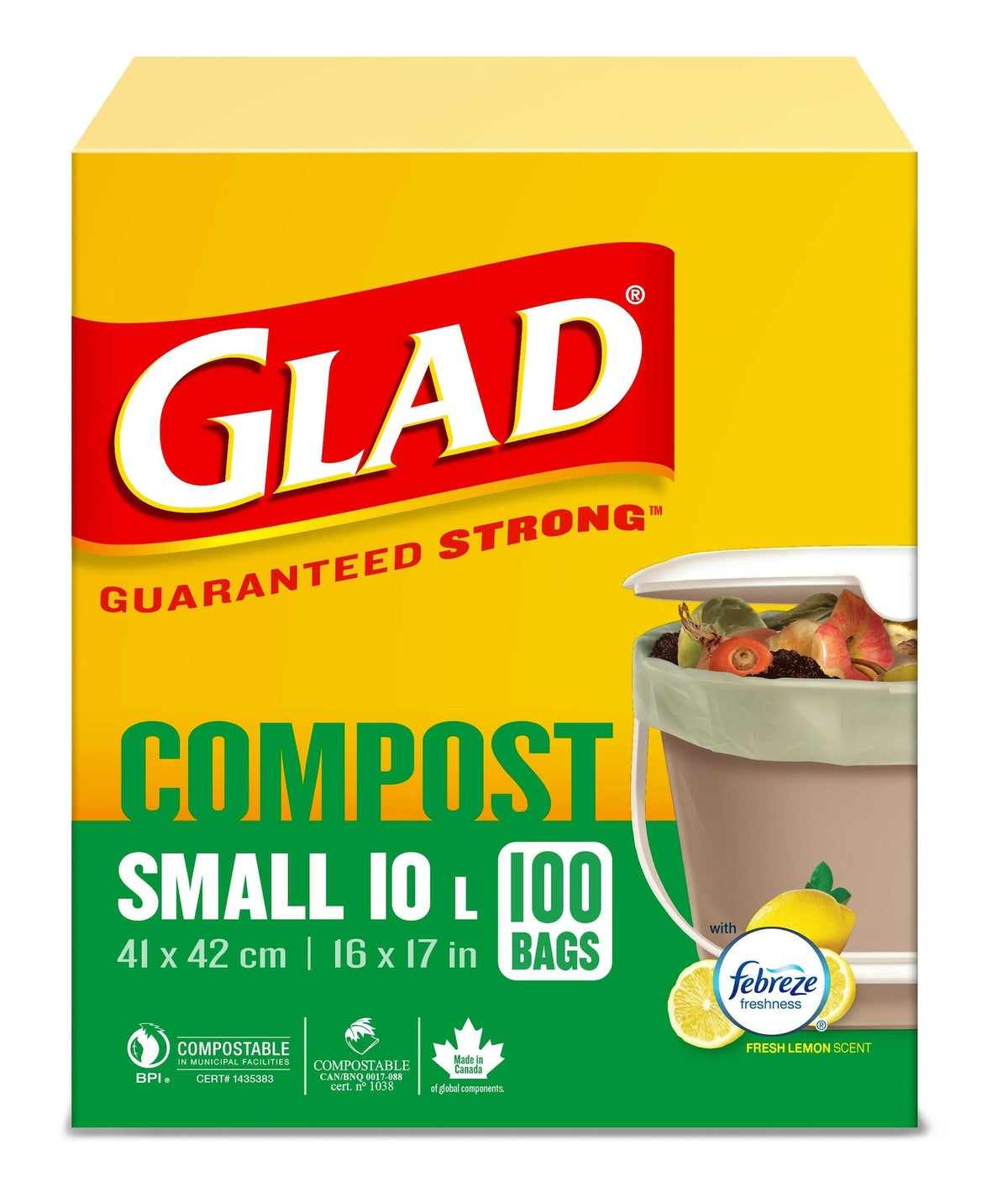 Glad Small 100% Compostable Lemon Scented Food Waste Bags, 100-pk, 10-L