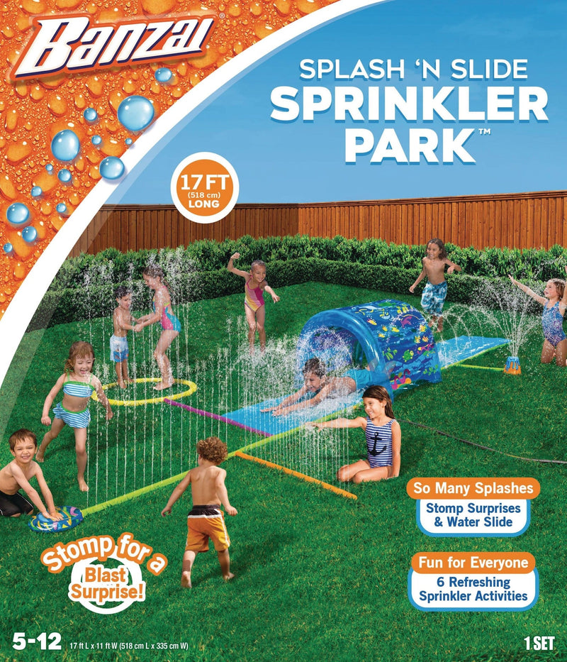 Inflatable Splash ‘N Slide Water Sprinkler Park, Blue, 17-ft, Ages 5+, for Beach/Pool Fun Activities D1039