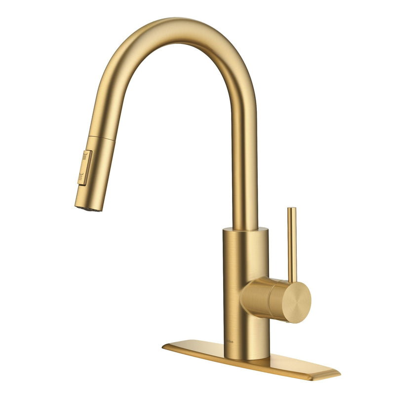 Oletto Single Handle High Arc Pull Down Kitchen Faucet, Brushed Brass X7182