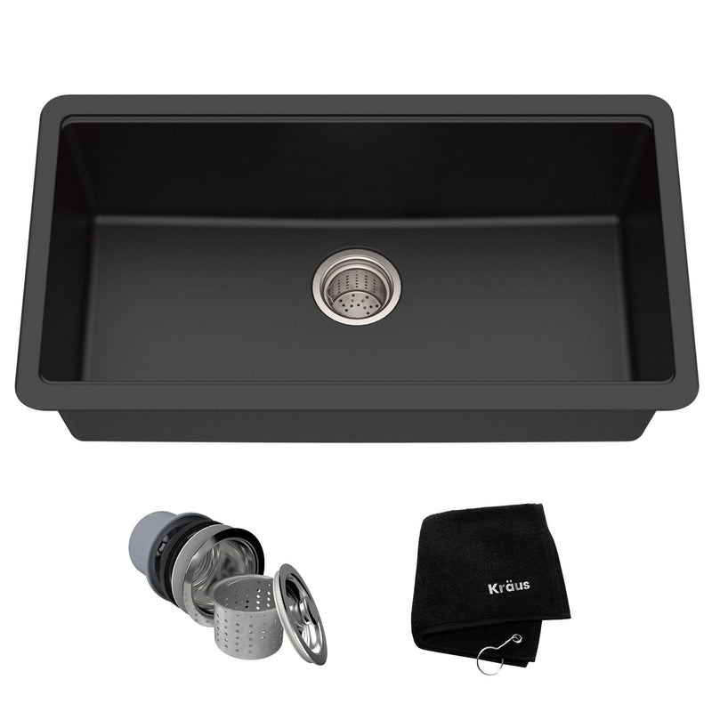 Quarza Undermount Granite Single Bowl Kitchen Sink, Black Onyx, 31x17x9-in E9956