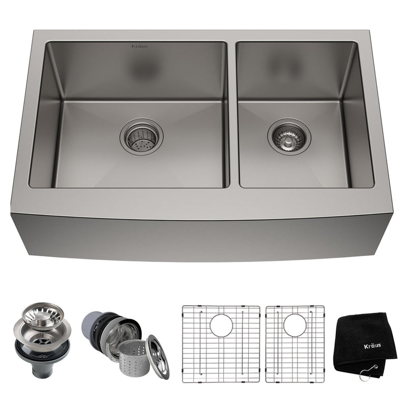 Standard PRO Apron Front Farmhouse Stainless Steel Double Bowl Kitchen Sink, 33x21x10-in Q9294