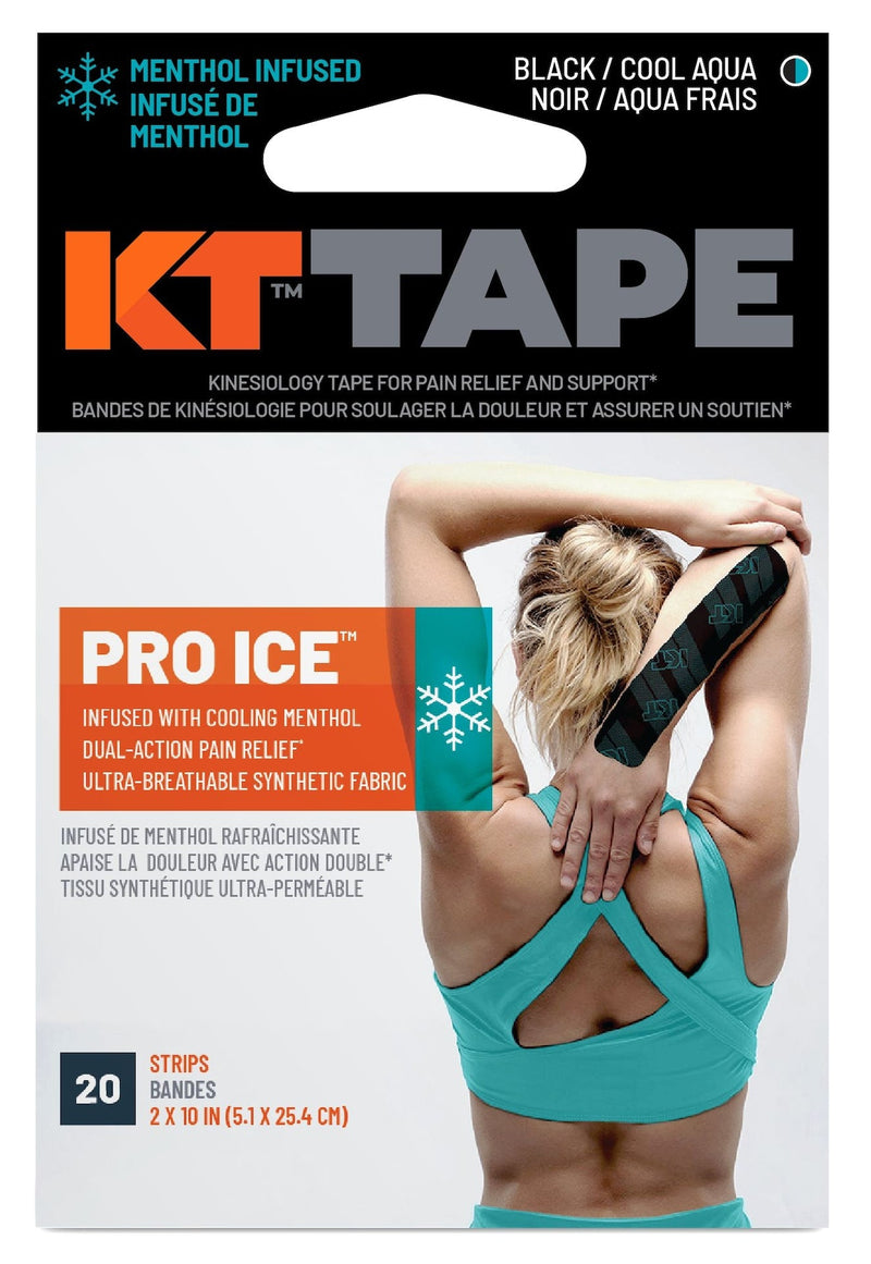 Pro Ice Pre-Cut Elastic Kinesiology Sports Tape with Menthol, Black, 10 x 2-in Strips, 20-pk C2909