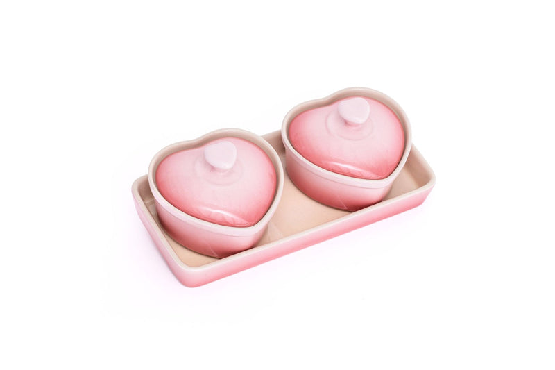 Stoneware Heart Cocottes and Tray, Gradient Rose, 5-pc S5231