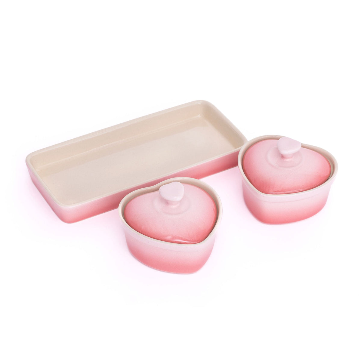 Stoneware Heart Cocottes and Tray, Gradient Rose, 5-pc