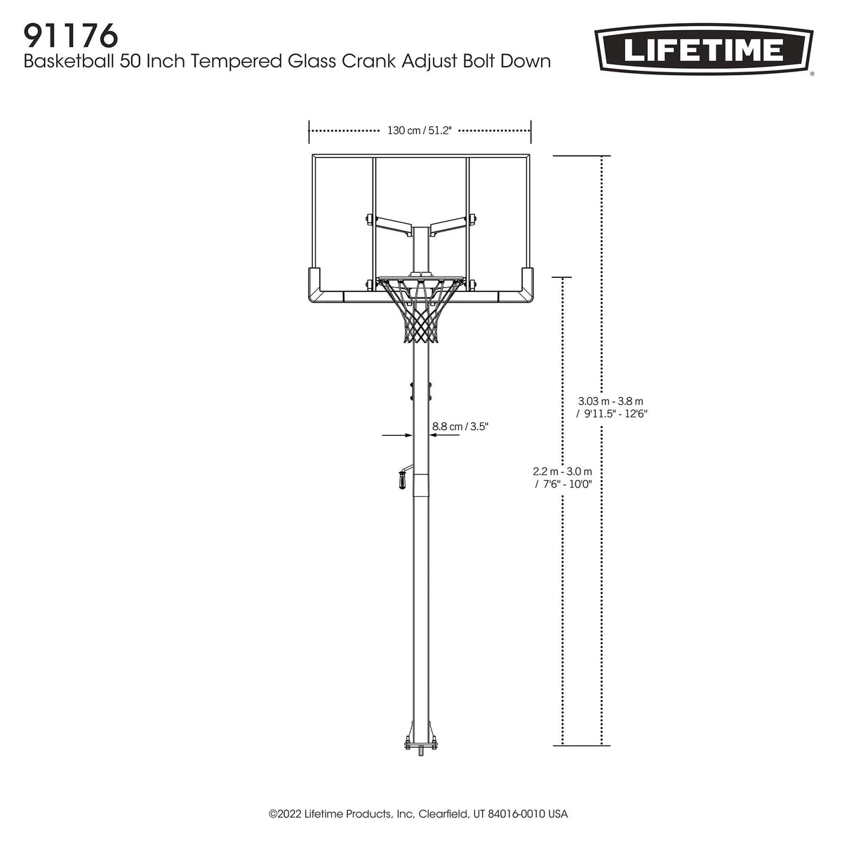 Lifetime In-Ground Crank Adjust Bolt Down Outdoor Basketball Hoop, 50-in