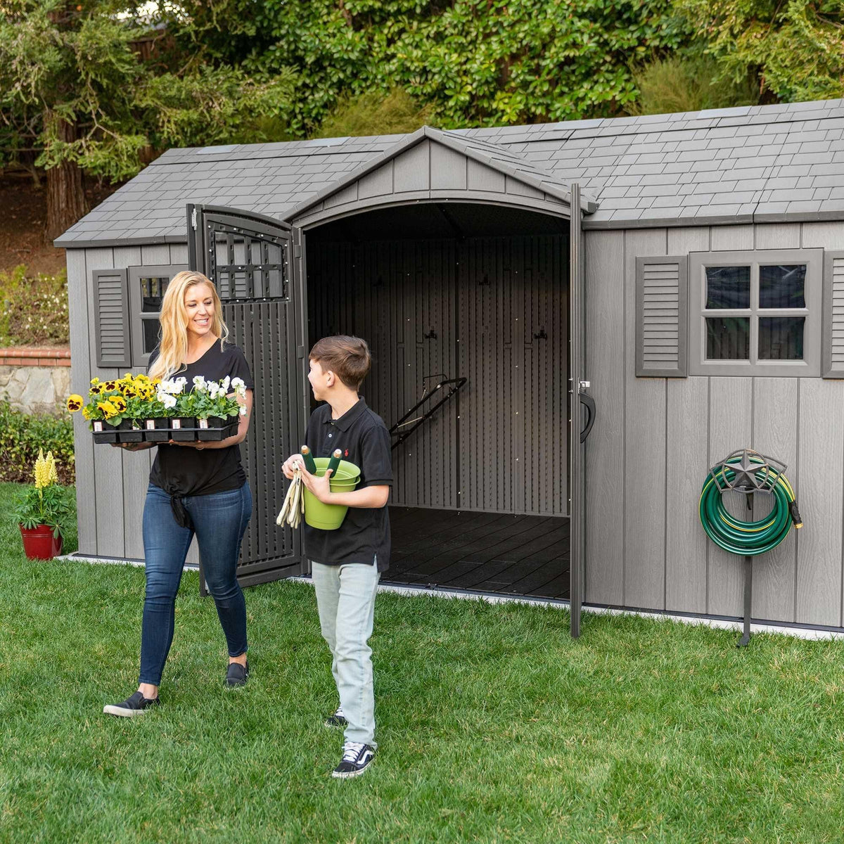 Lifetime Outdoor Storage Shed with Dual Side Entry, Dark Grey Roughcut, 15 x 8-ft